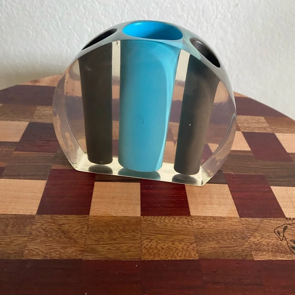 Vintage 70s Acrylic Lucite Retro Space Age Pen Holder Blue Brown Abstract Round